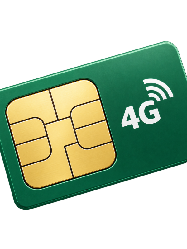 Roheline 4G SIM-kaart modernse kuldse kiibi ja signaaliikooniga, läbipaistval taustal