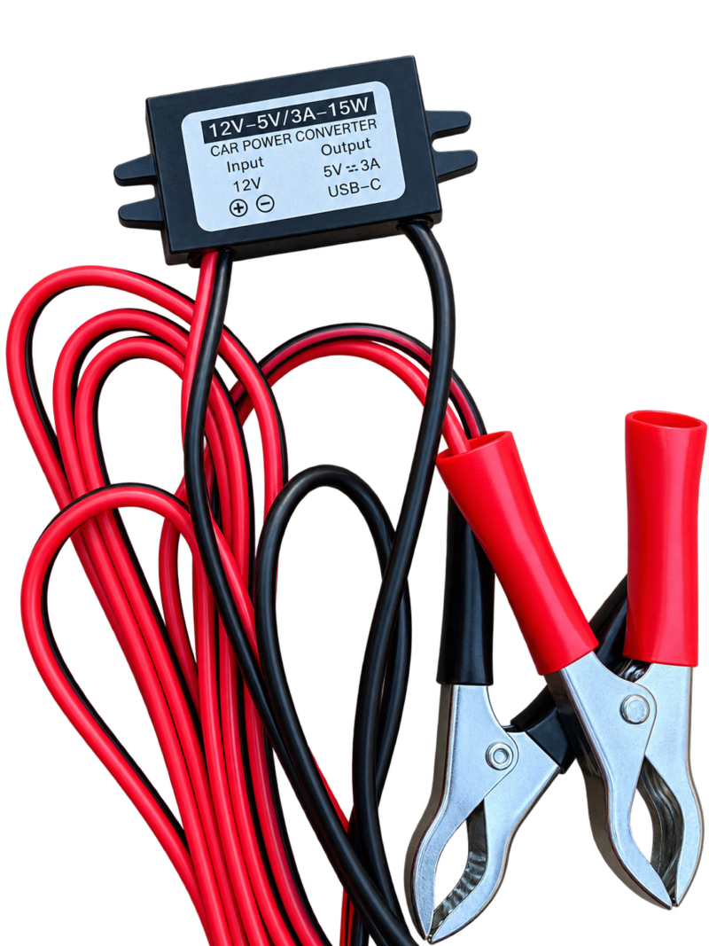 12 V kuni 5 V USB-C akutoite muundur krokodillklambritega
